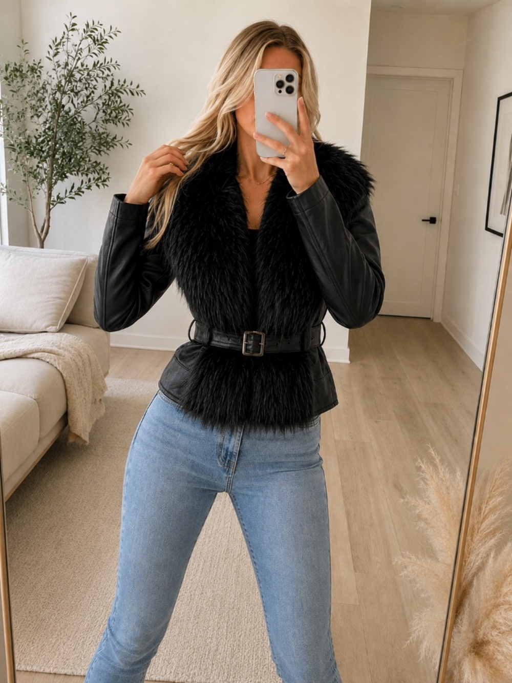 NWT Black Faux Fur Collar Leather Look Jacket Large